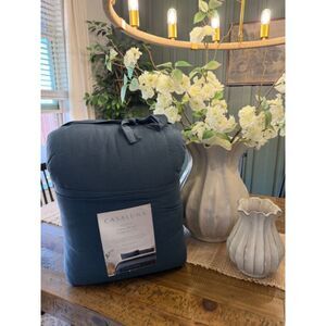 Full/Queen Heavyweight Linen Blend Comforter Set Dark Mineral Blue Casaluna NEW